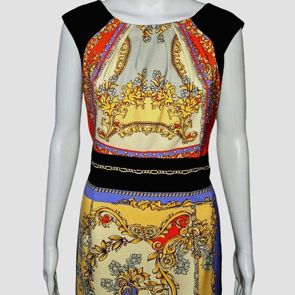 Maggy London Baroque Scarf Print Illusion Sheath Dress – Ornate Gold & Blue Sz10 - Picture 2 of 9